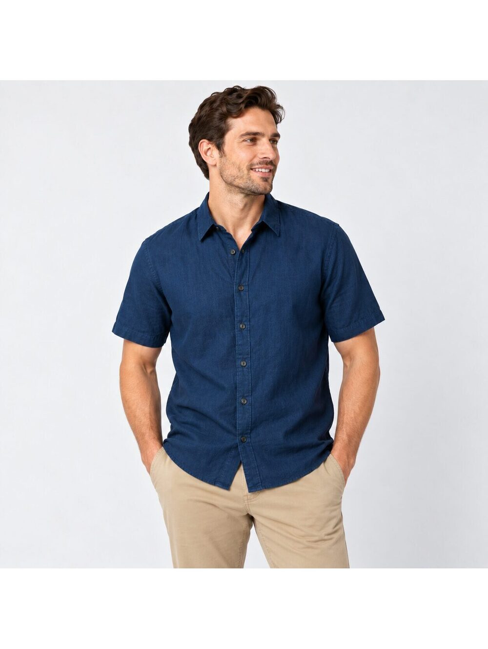 Perry Ellis Men's Navy Linen Cotton Blend Short Sleeve Button Down Shirt L
